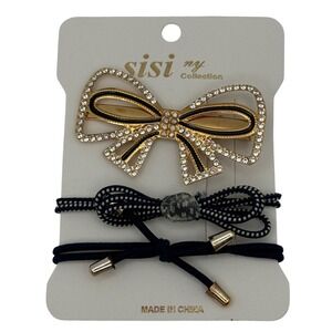 Sisi NY Collection Gold Bow Rhinestone Hair Clip & 2 Black White Hair Ties‎ Set